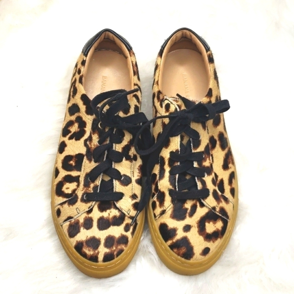 BANANA REPUBLIC Sz 6 Hair Calf Leopard Print Lace Up Sneakers
